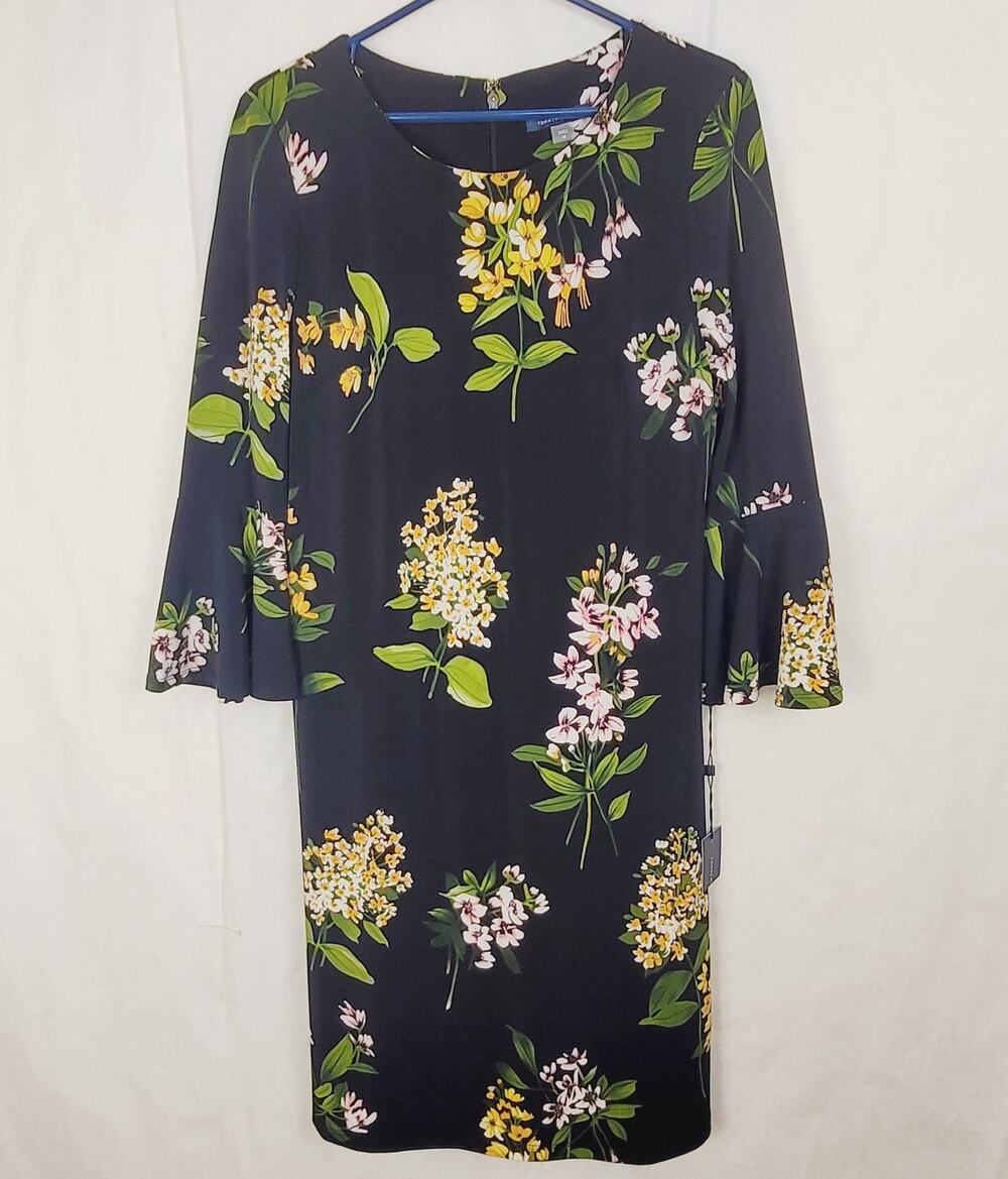 New Tommy Hilfiger black floral bell sleeve stretch knit dress Size 10 Boho